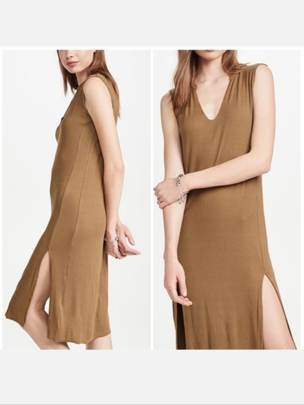 LNA Women's M Midi Dress Ribbed Slits Camel Brown Neutral Boho